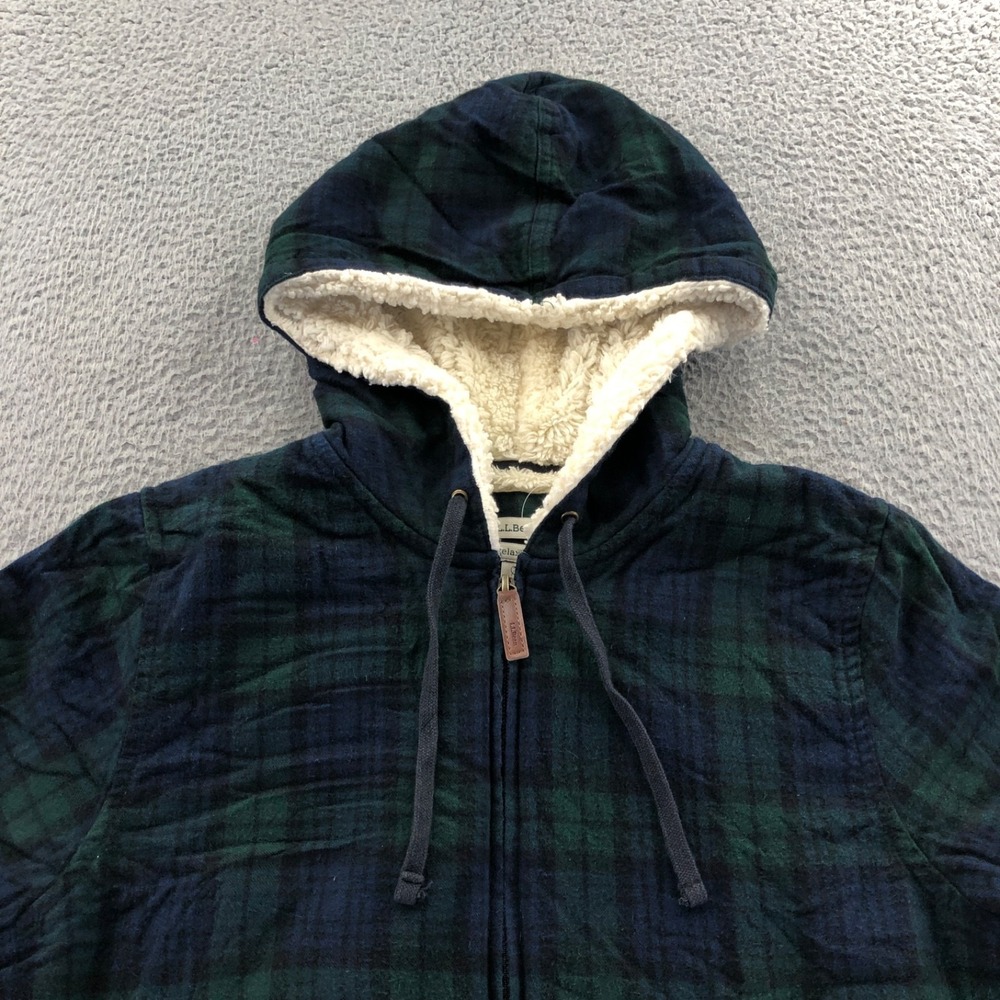 LL Bean Hoodie Womens Medium Green Tartan Plaid Flannel Relaxed Fit Sherpa Lined